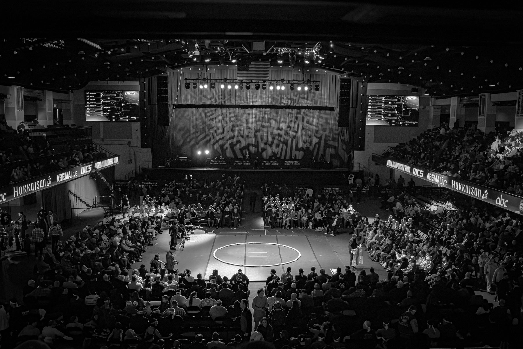Wide of a packed arena from the upper level