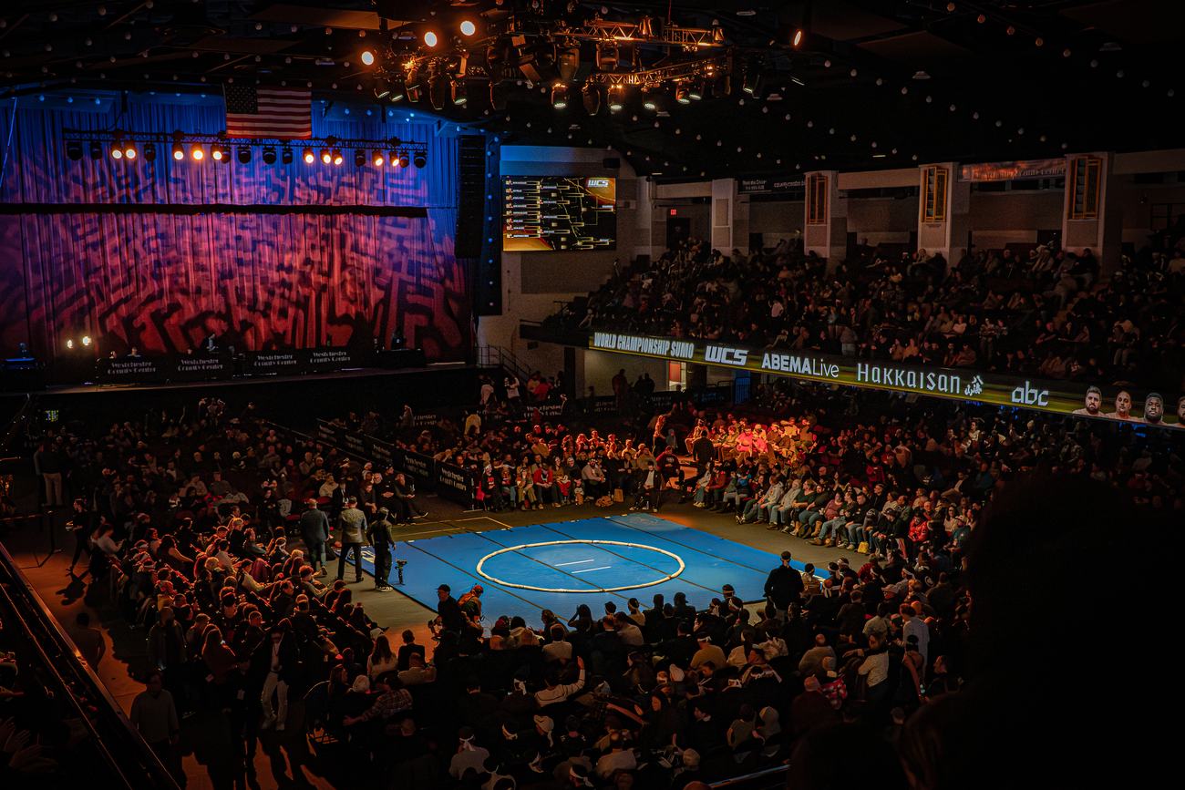 The full arena seen from above, ring lit at the centre