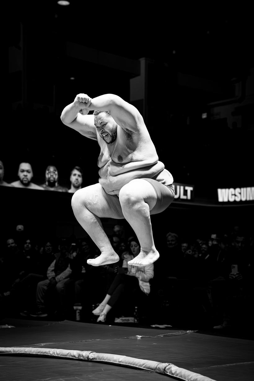 Wrestler leaving the ground at the charge